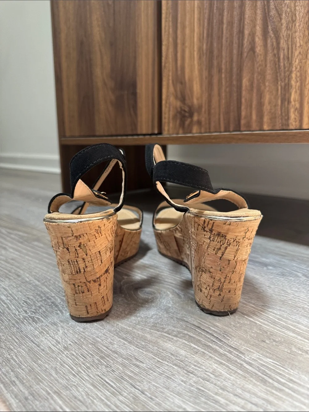 Black Cork Platform Wedge Sandals - Women's Strappy Heels
